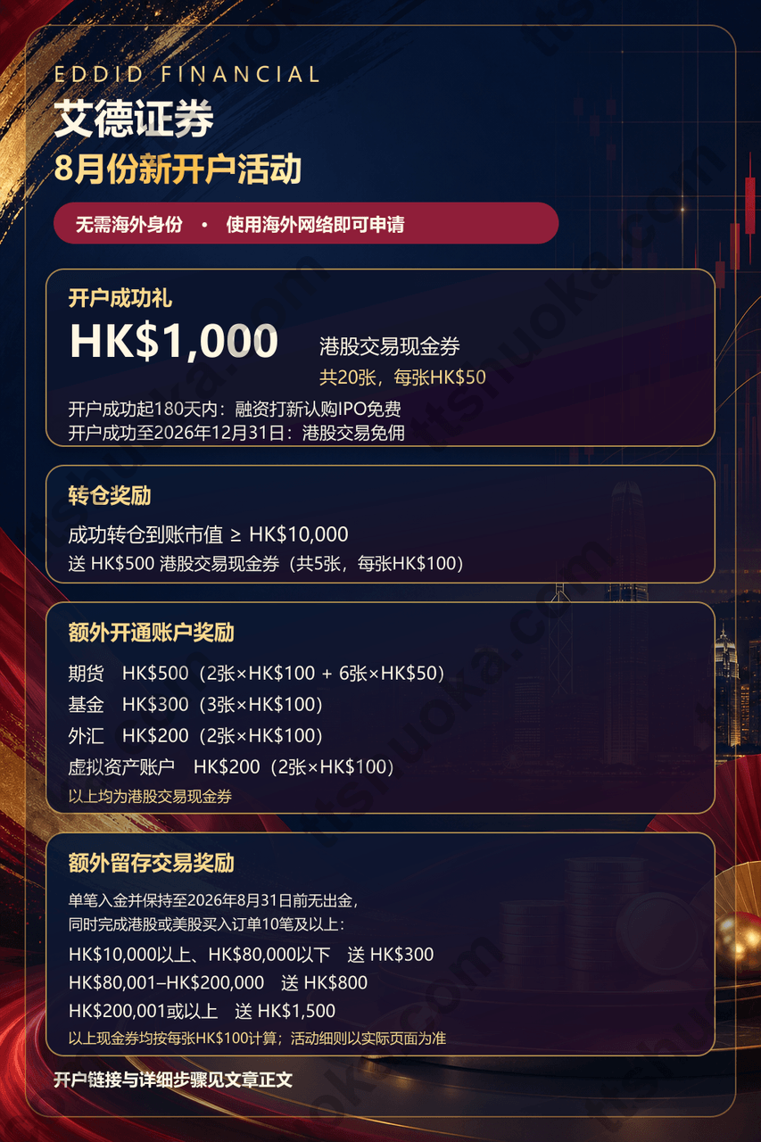 艾德证券开户教程2026｜无需海外身份，8月最高4200港币现金券