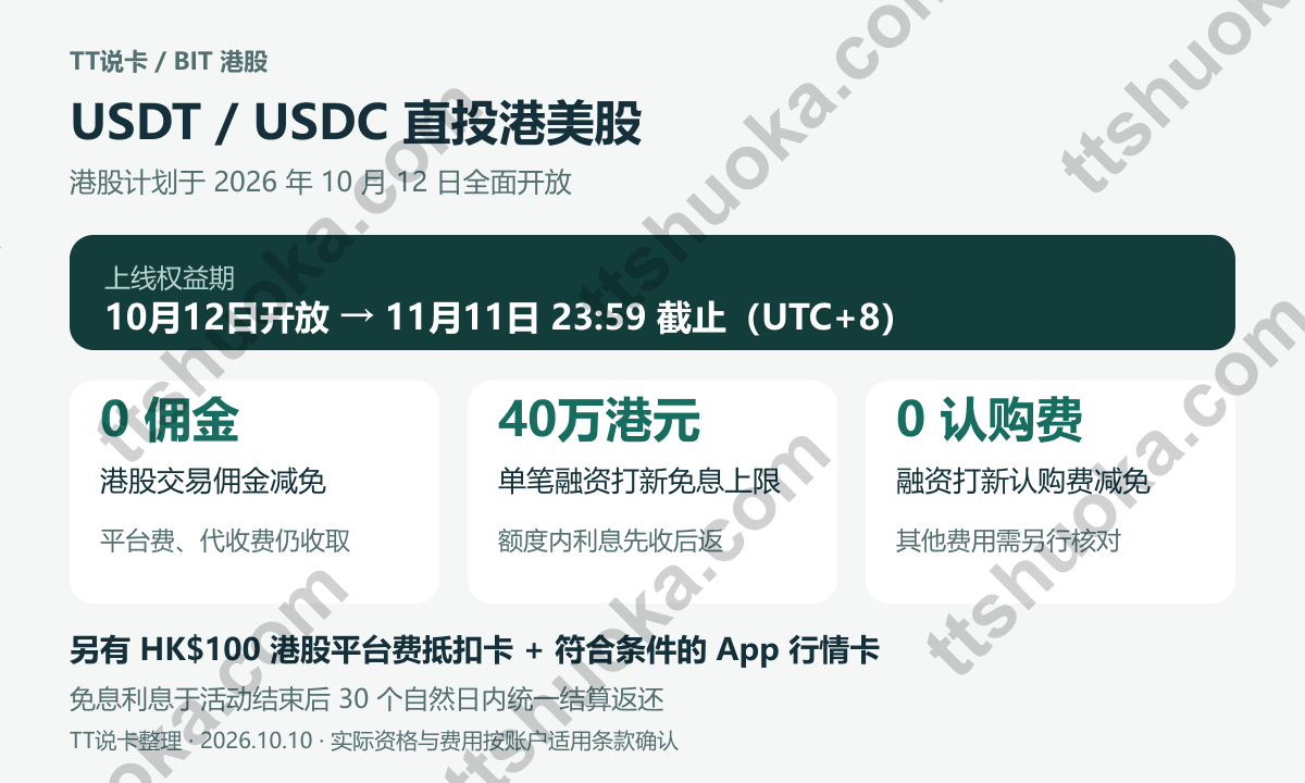 2026 BIT港股10月12日上线：USDT/USDC直投，限时0佣金、40万港元打新免息