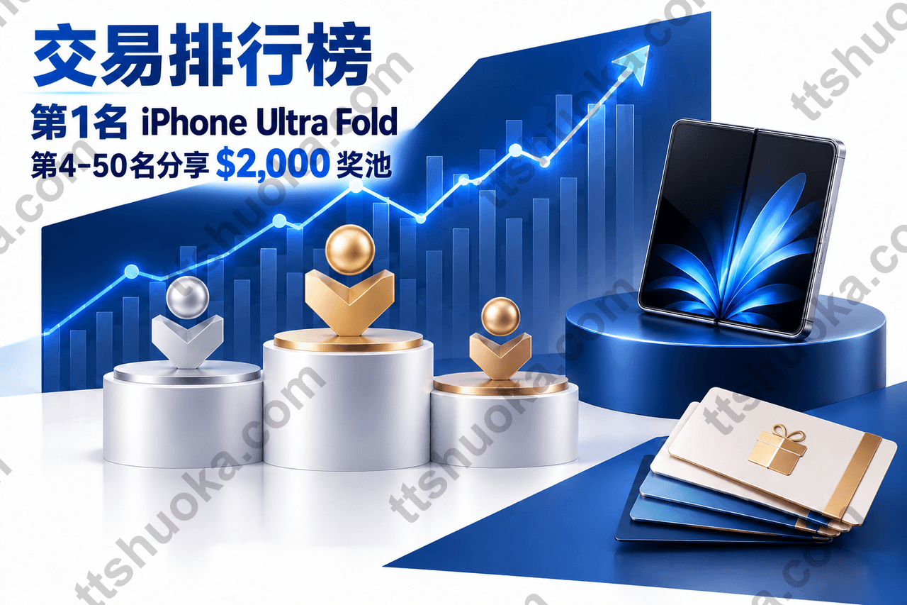 BIT美股交易排行榜配图，展示上涨图表、领奖台、折叠手机和奖励卡
