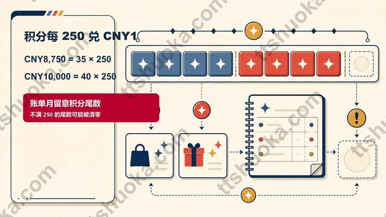 银联积分兑换信息图，标注每250积分兑CNY1、CNY8,750与CNY10,000整倍数示例及积分尾数提醒