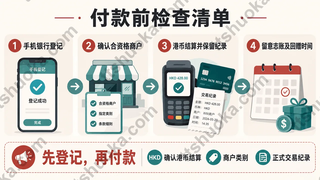 建银亚洲iPhone优惠付款前检查清单，包含手机银行登记、合资格商户、港币结算及回赠时间