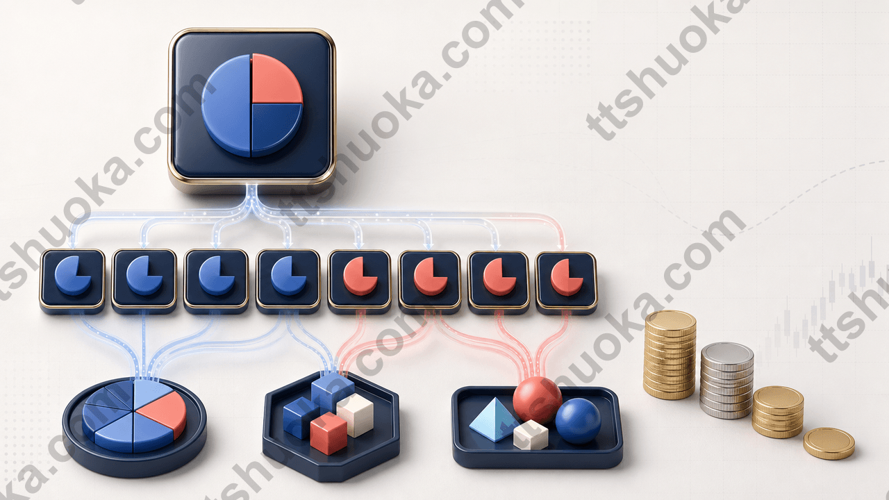 一整股拆分为多个碎股并分配到不同持仓组合的示意图