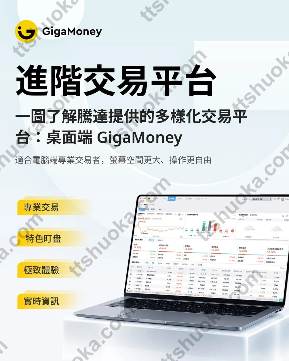 GigaMoney PC端进阶交易平台宣传图，展示桌面交易界面、行情面板与资产列表
