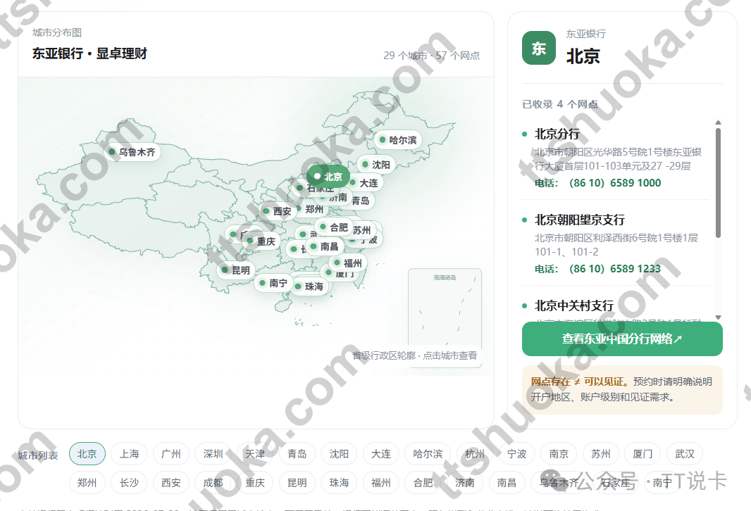 东亚显卓理财内地29个城市57个分支机构网点分布图