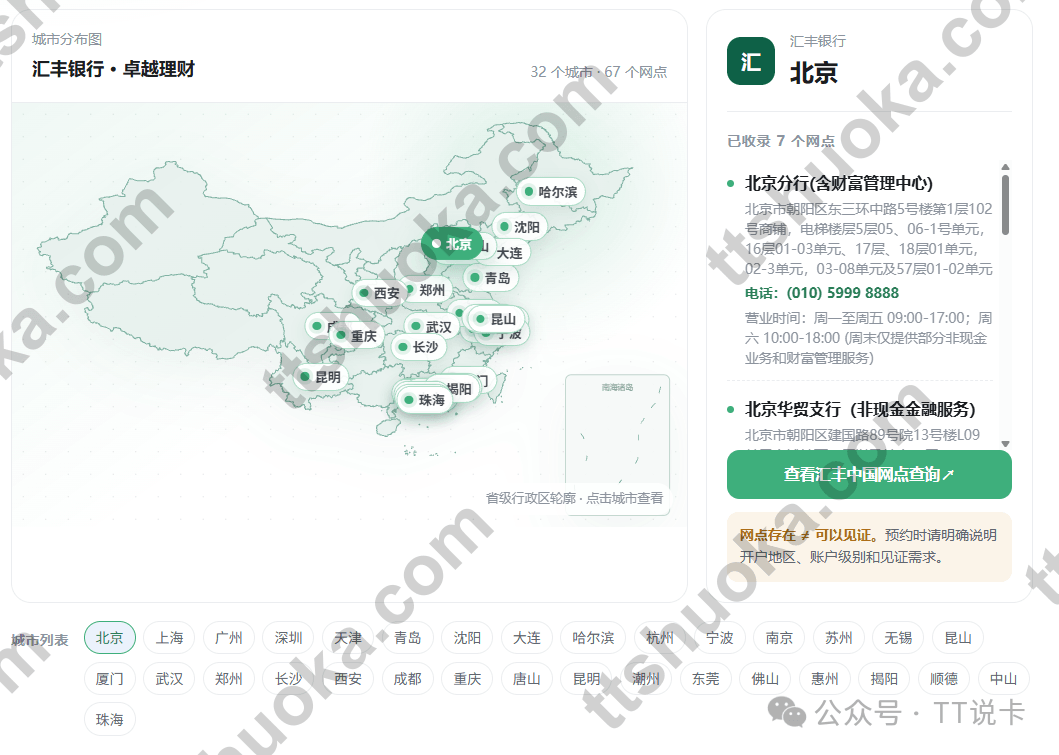 汇丰卓越理财内地32个城市67个分支机构网点分布图