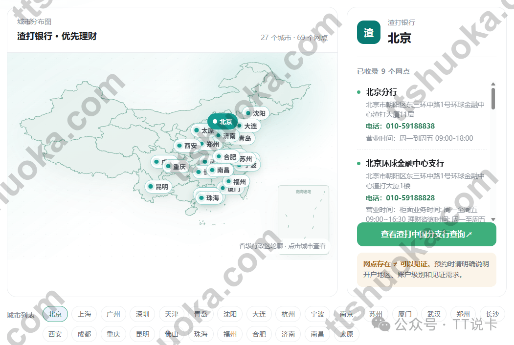 渣打优先理财内地27个城市69个分支机构网点分布图