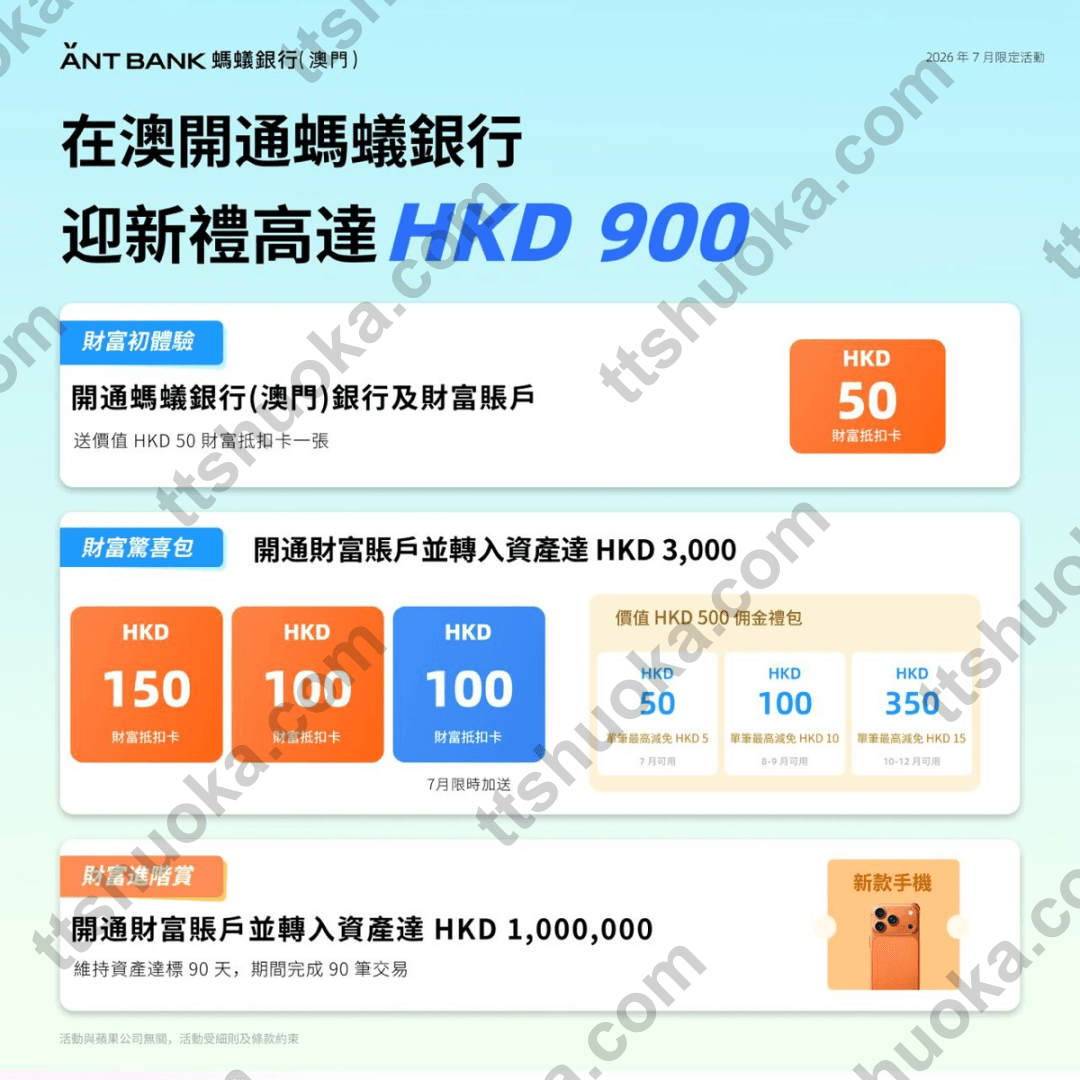 澳门蚂蚁银行迎新最高 HKD900 奖励图，展示开户礼、首次入资奖励和高额入资档位