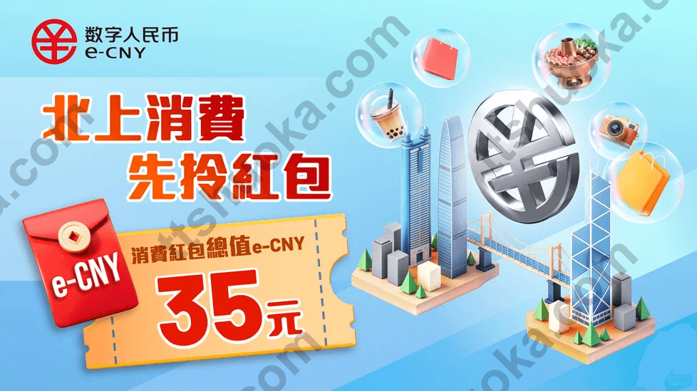 中银香港数字人民币北上消费35元红包活动图，提示在数字人民币App领取