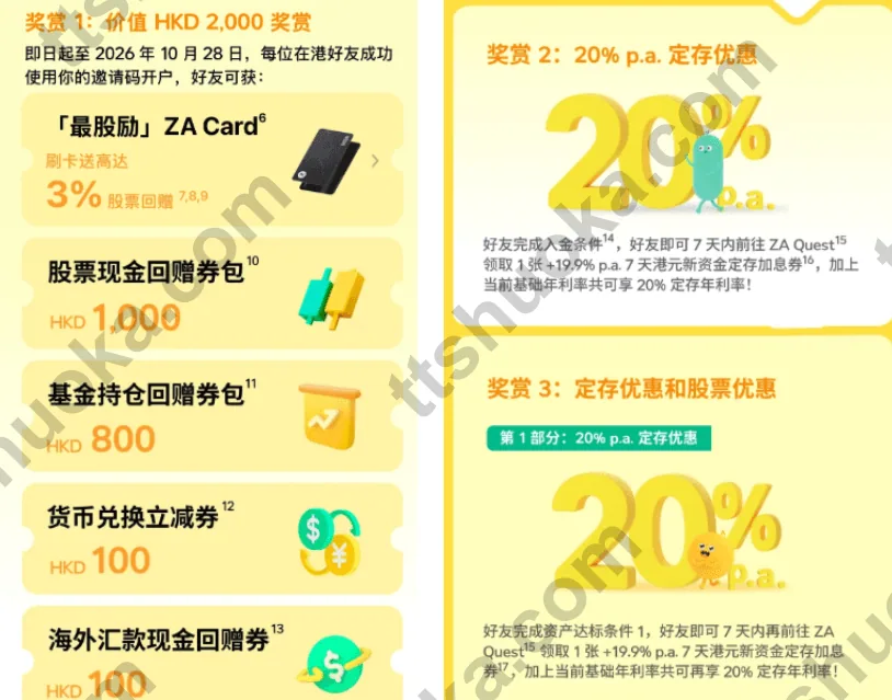 众安ZA Bank10月推荐开户奖励：价值2000港币卡券、最高20%年利率的7天定存优惠和股票回赠