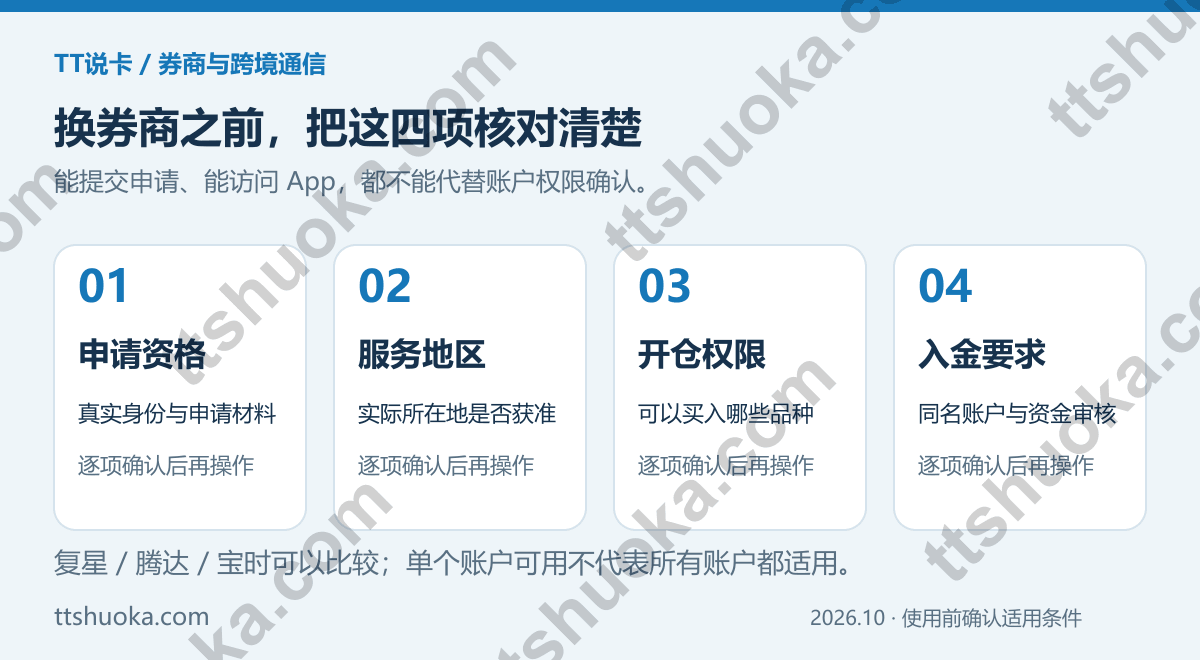 比较复星、腾达和宝时前需要分别确认申请资格、服务地区、开仓权限和入金要求