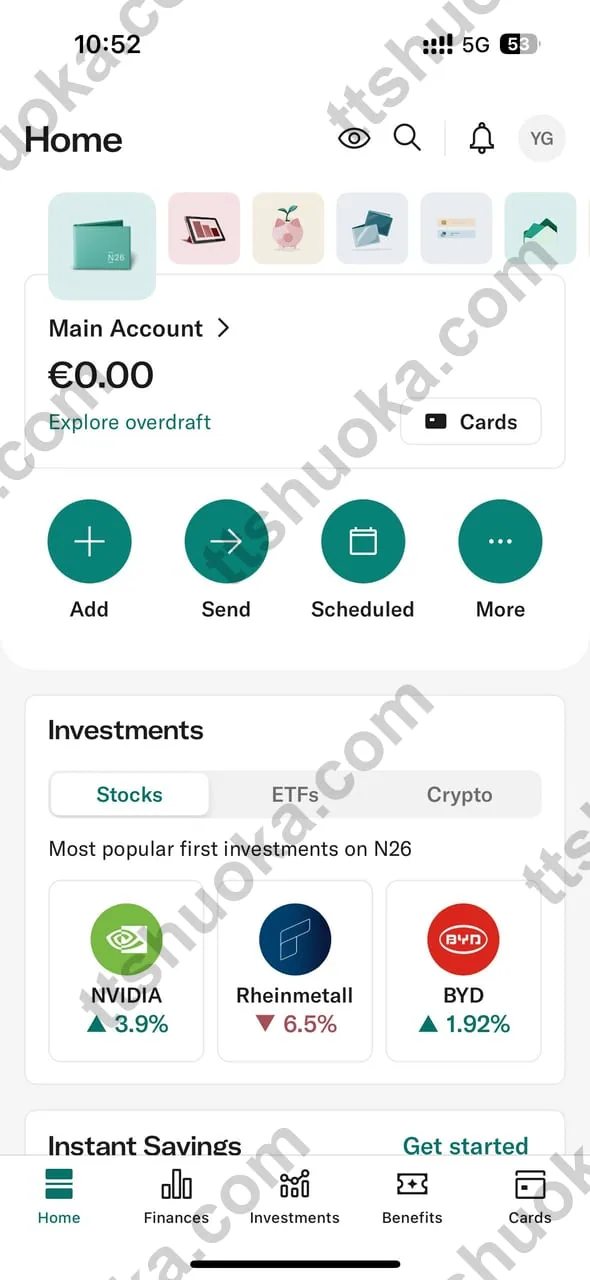 N26 账户首页与主账户界面示意图