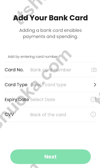 TenPayGo 添加银行卡页面,显示卡号、卡种、有效期和 CVV 输入栏