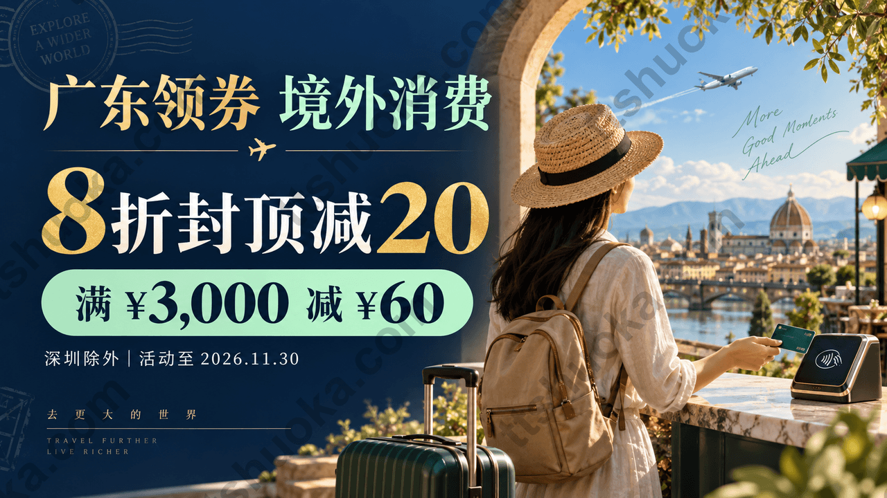 云闪付广东境外消费券主题封面，展示8折最高减20元和满3000元减60元，深圳除外