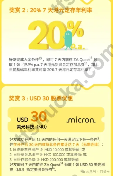 ZA Bank 20%七天港元定存年利率与USD30美光股票优惠说明