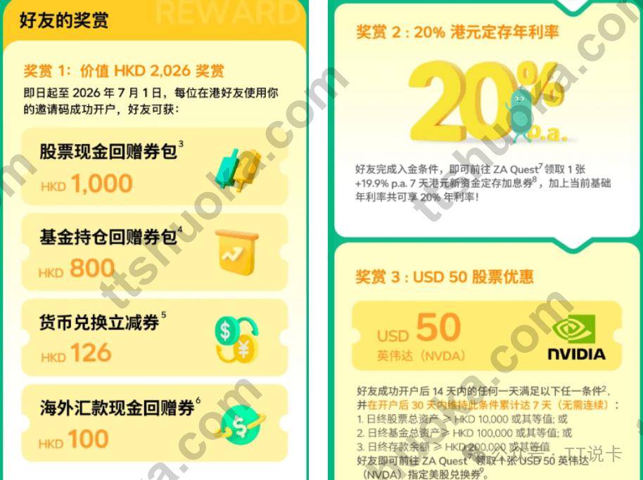 ZA Bank 2026 年 6 月邀请码开户奖励一览，包含 2026 港币奖赏、20% 港元定存利率券和 50 美元英伟达券