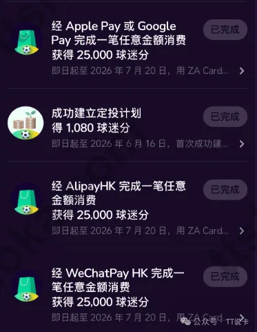 ZA Bank Quest 任务列表截图,显示 Apple Pay、Alipay HK 和 WeChatPay HK 等任务可获得 25000 球迷分