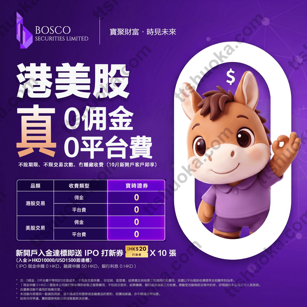 宝时证券10月活动海报,新户港美股0佣金0平台费,入金满10000港币或1500美元送20港币IPO打新券10张