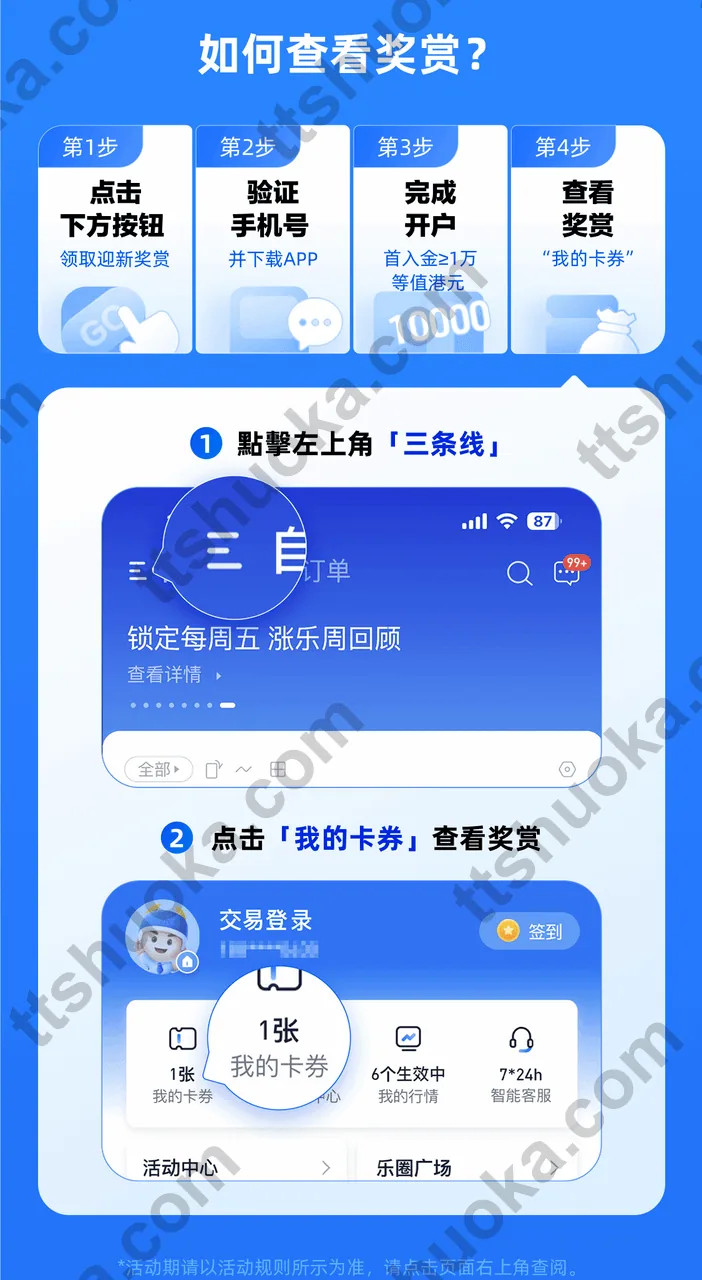 涨乐全球通查看奖赏操作:点击左上角菜单进入我的卡券