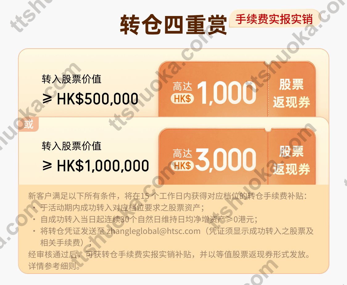 涨乐全球通转仓手续费补贴:50万港币档最高1000港币,100万港币档最高3000港币