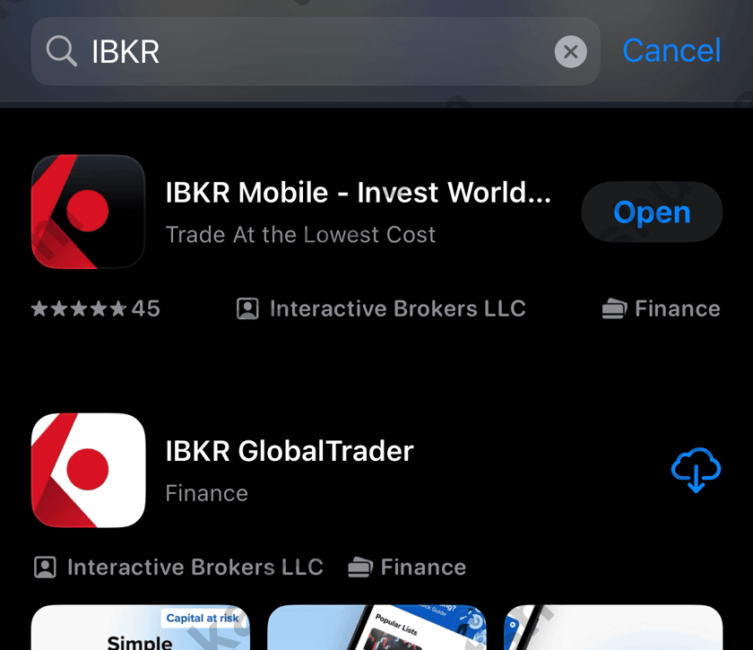 盈透证券 iPhone 端 App 页面,展示 IBKR Mobile 和相关应用