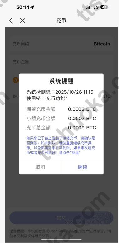 卓锐证券虚拟资产入金账户与币种选择页面