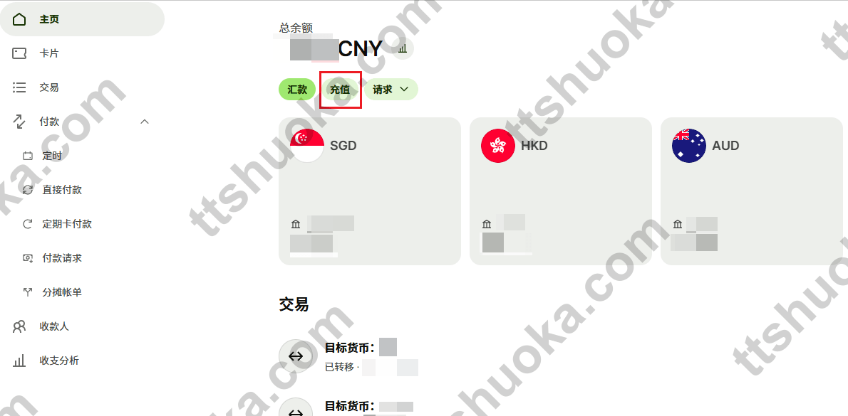 Wise网页版多币种余额与充值按钮
