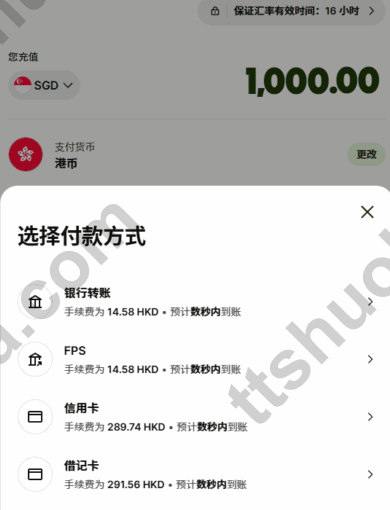 Wise港元付款方式中银行转账、FPS、信用卡和借记卡的费用比较示例
