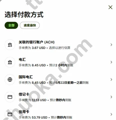 Wise美元付款方式与费用、预计到账时间比较示例