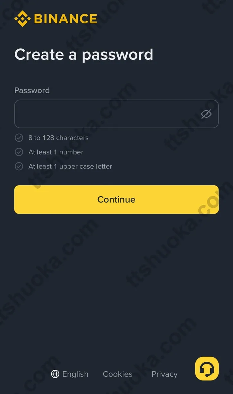 Binance 创建密码页面,显示密码长度、数字和大写字母要求