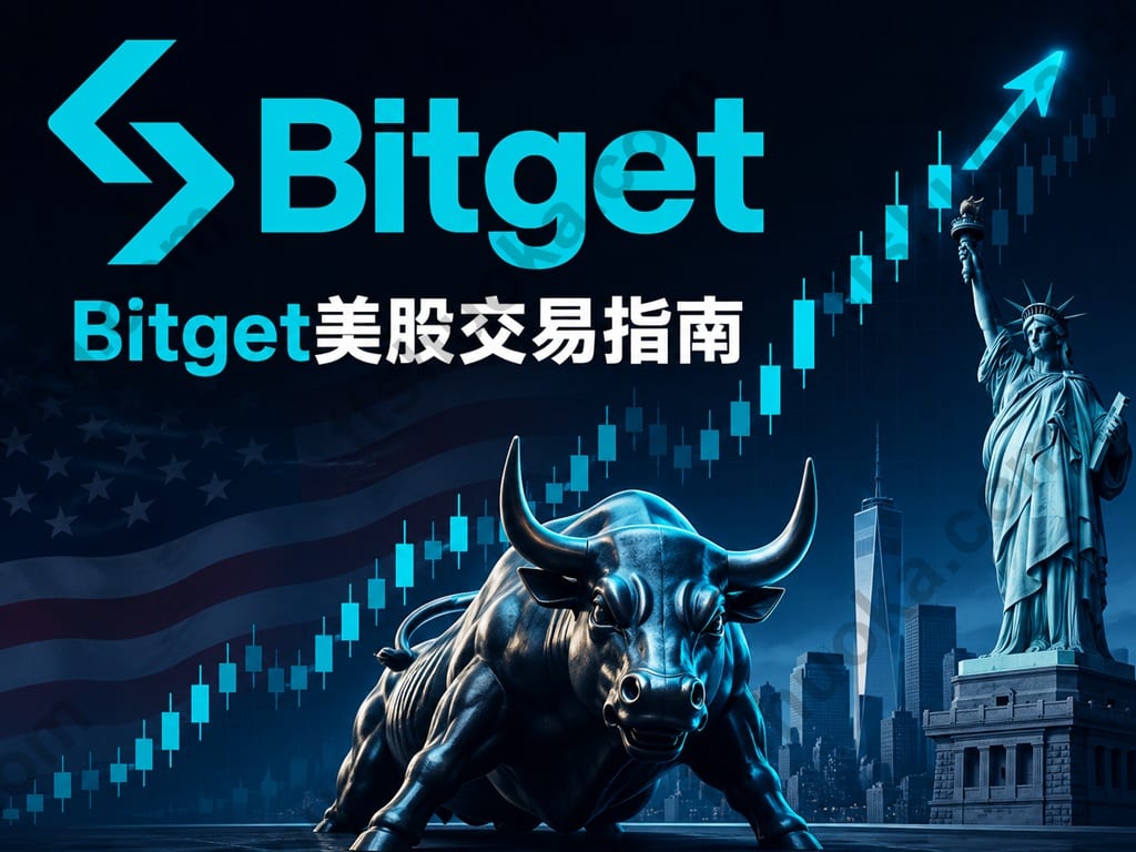 Bitget 美股交易指南封面,展示美国股市、股票走势和 Bitget 品牌
