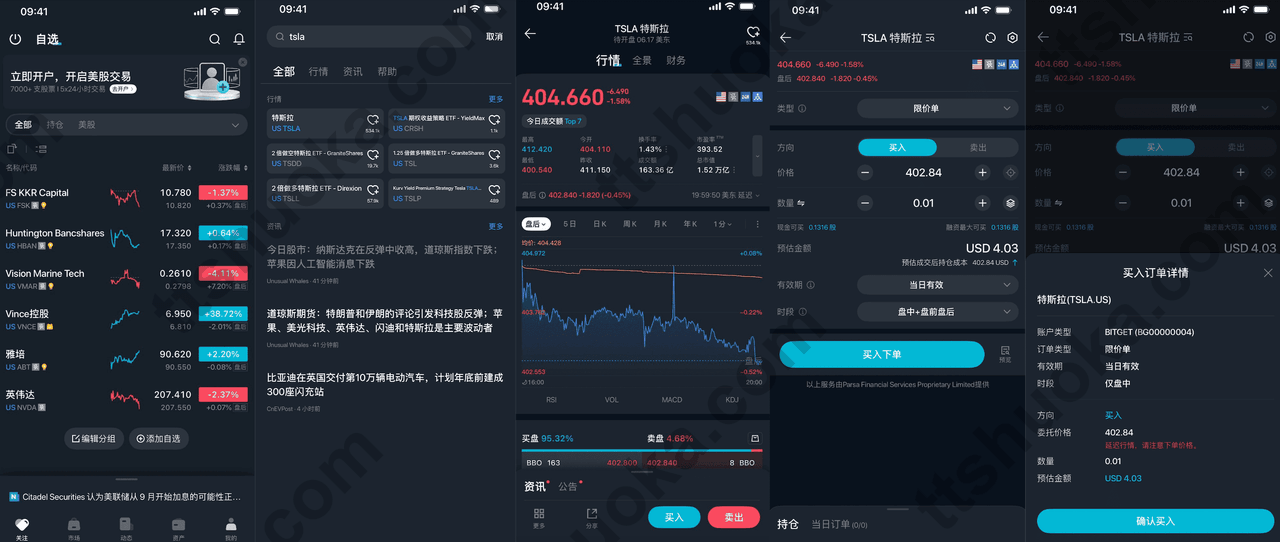 Bitget Stock+ 搜索股票、查看行情并提交买入订单的流程截图