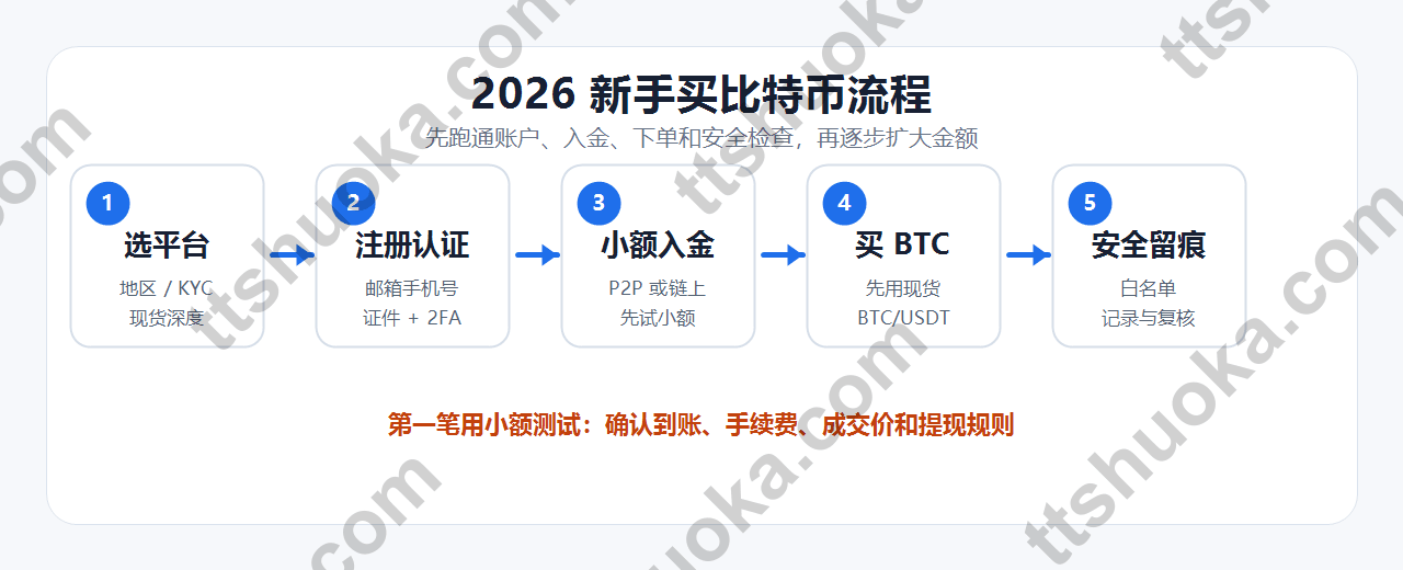 2026 新手买比特币的流程图,从选平台、注册认证、小额入金到买 BTC 和安全设置