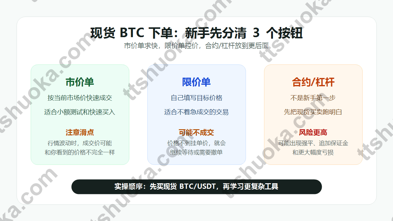 现货 BTC 交易订单类型对比图,说明市价单、限价单和杠杆的区别