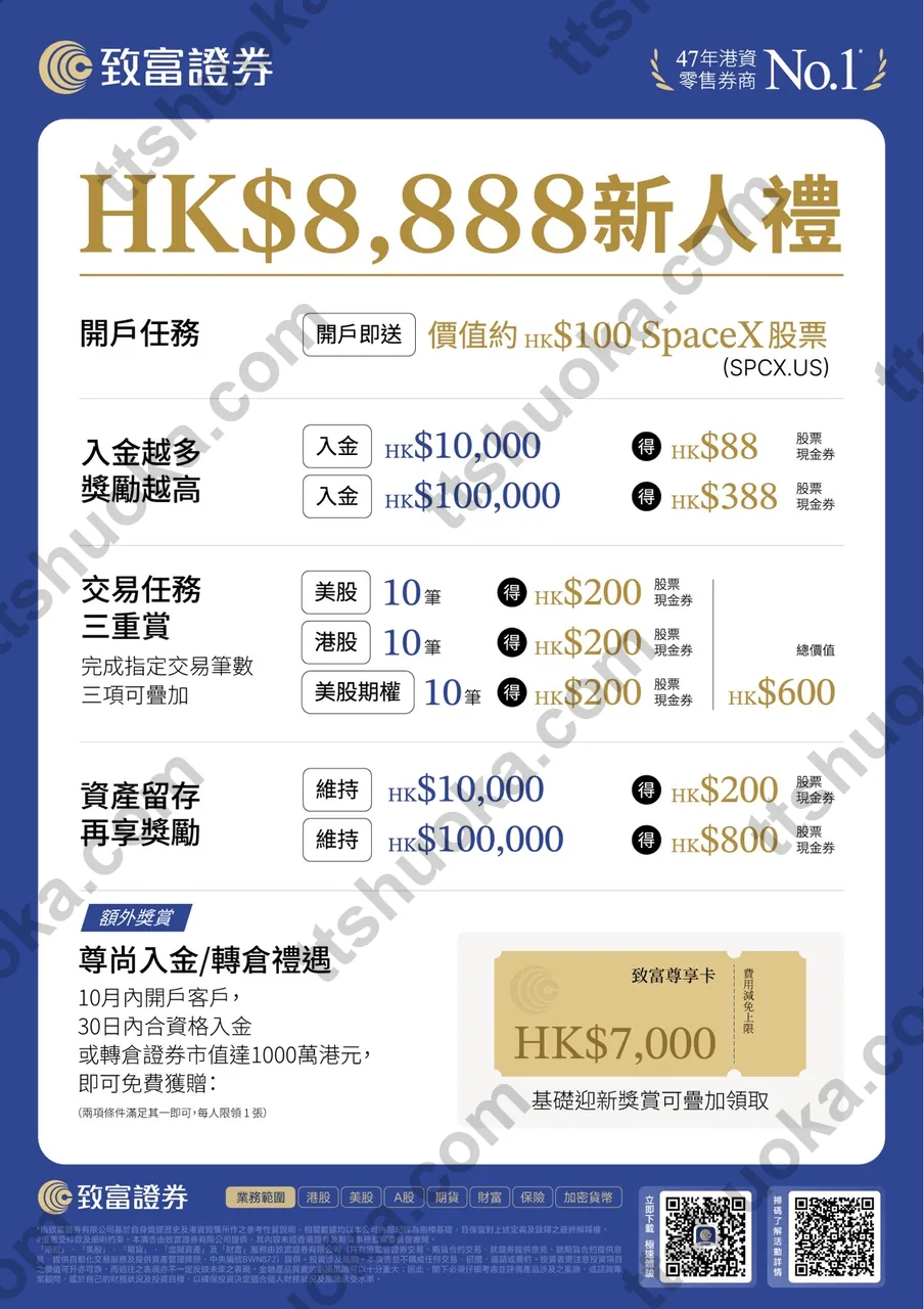 致富证券 2026 年 10 月新人礼奖励表,列出开户、入金、交易、资产留存及高额礼遇条件