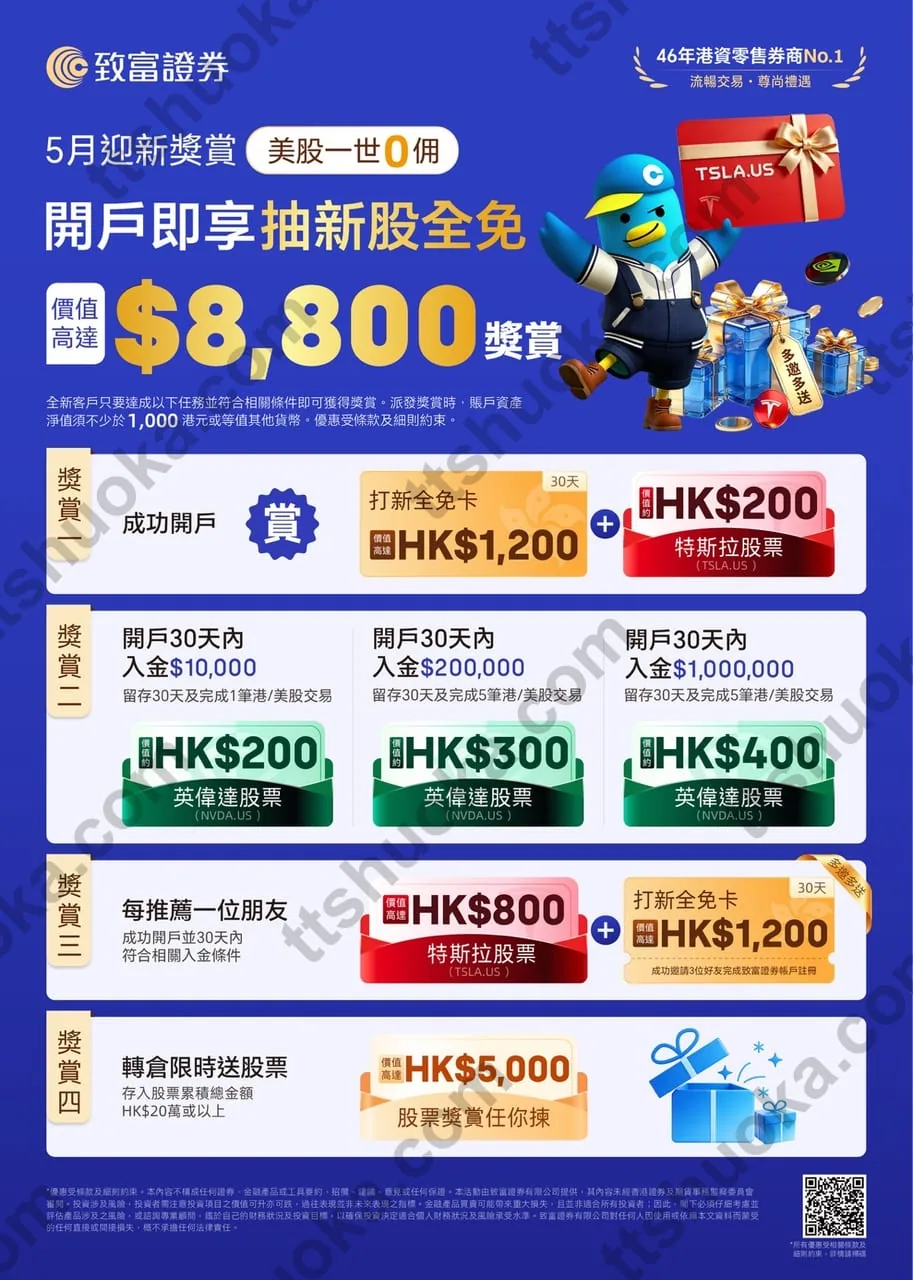 致富证券欢迎奖赏总海报，展示新客户奖赏、推荐开户奖赏和转仓奖赏入口